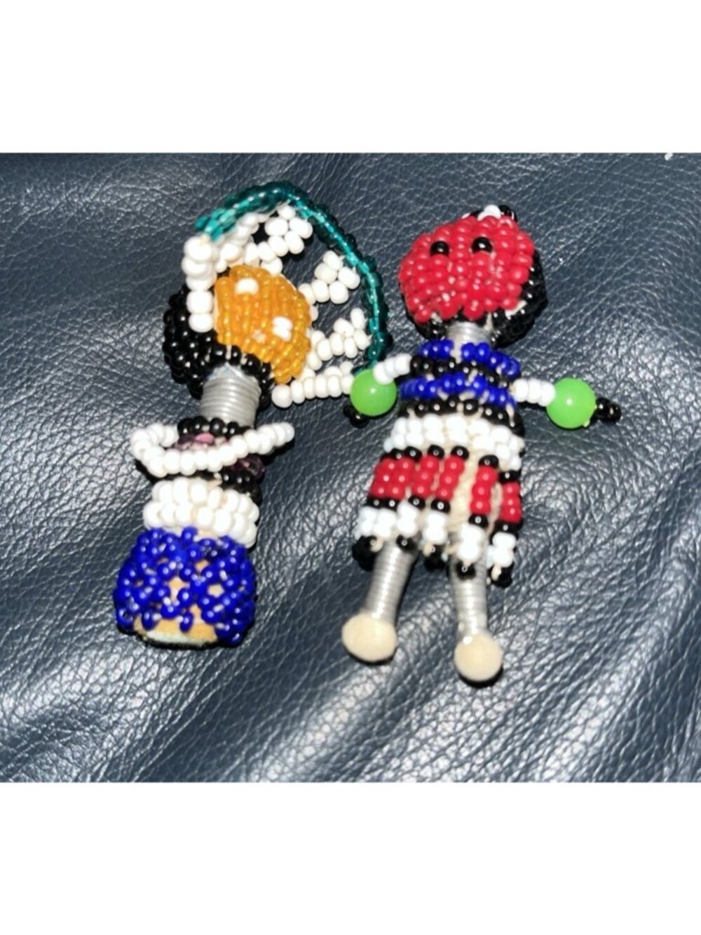 Vintage Beaded Doll Pendant Pair Folk Art Tribal Seed Bead Hanging Charm